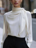 Scarf-Neck Draped Long Sleeve Blouse: White / S