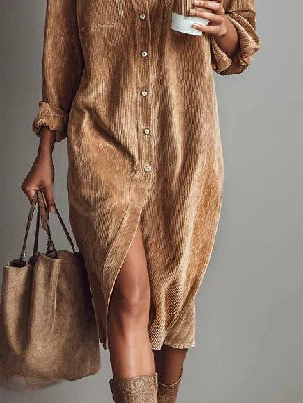 Corduroy Shirt Dress Long Sleeve Button Down Midi: Brown / 100%Polyester / XS