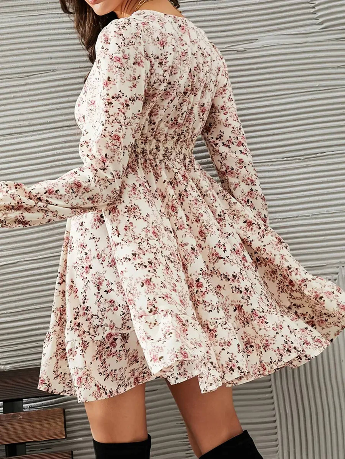 Collared Printed Long Sleeve Tie Waist Slit Dress: Black / XL