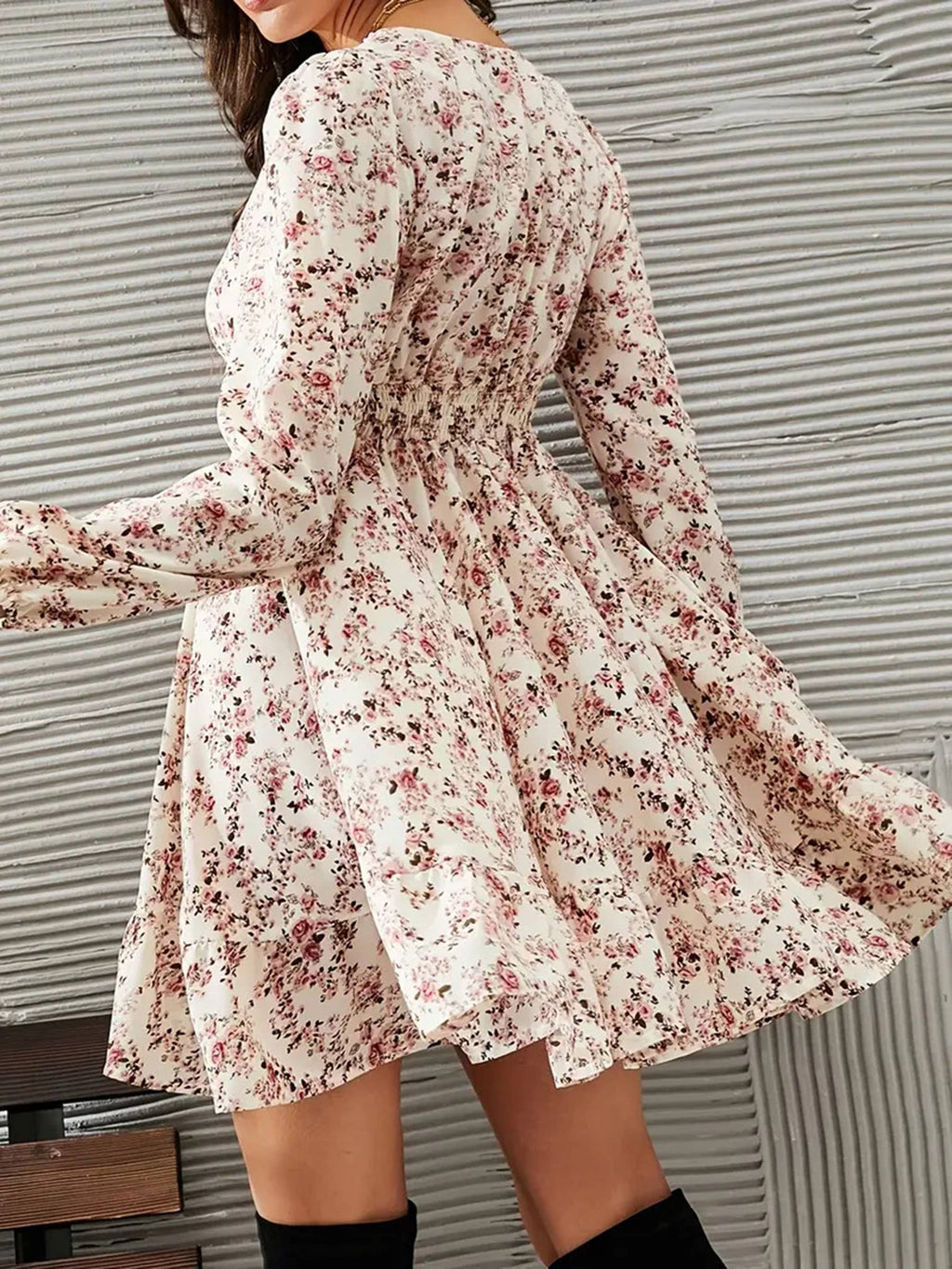 Collared Printed Long Sleeve Tie Waist Slit Dress: Black / M