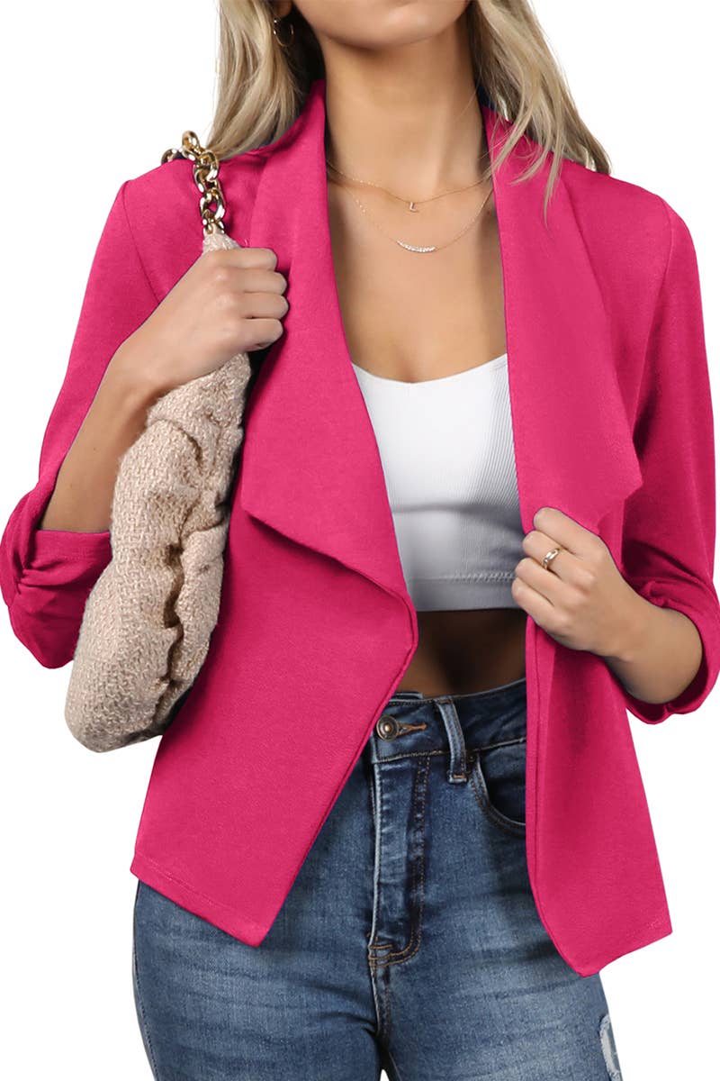 CWOBL091_Casual Work Ruched 3/4 Slv Open Front Blazer Jacket: STONE / (M) 1