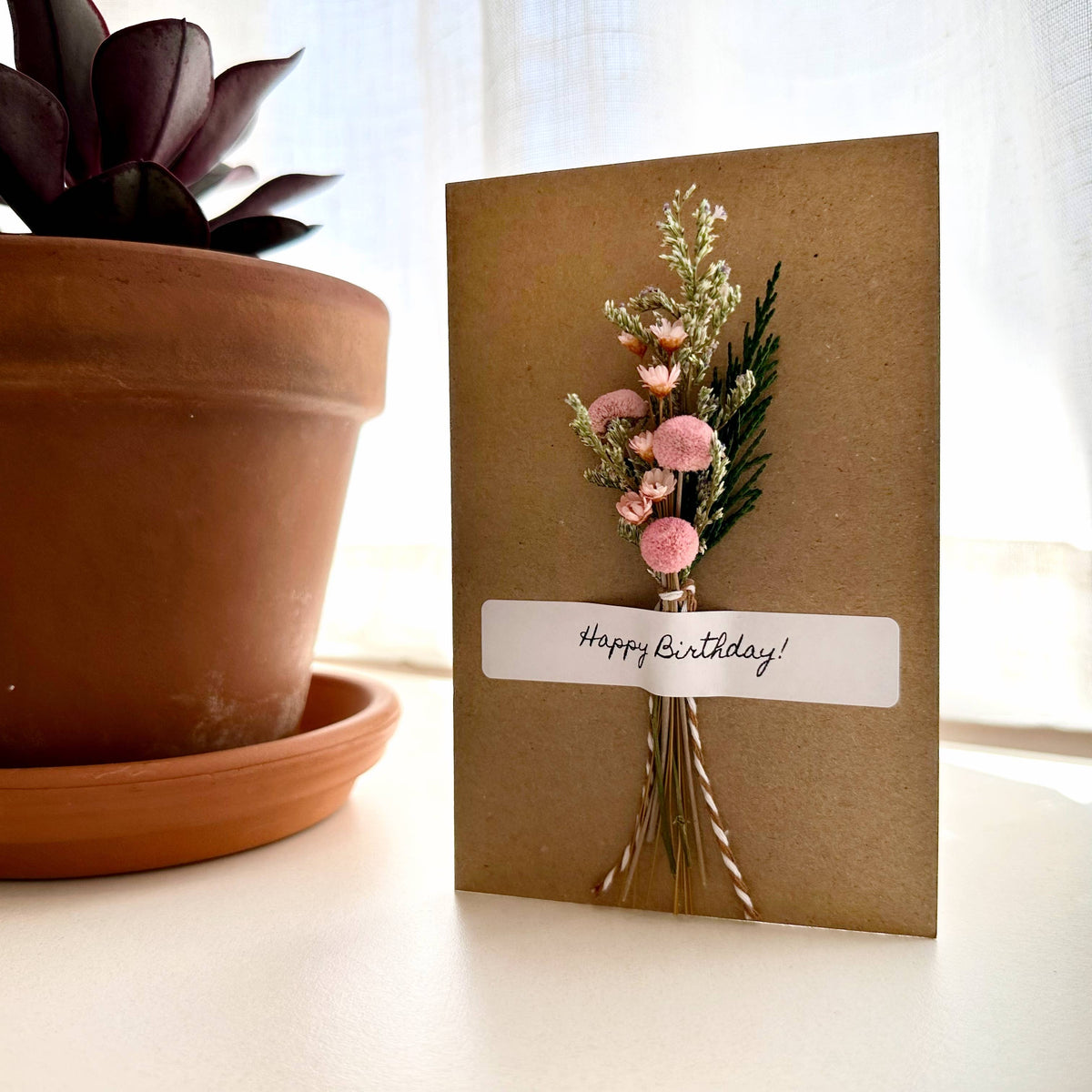 Happy Birthday Pink Dried Floral Bouquet Card