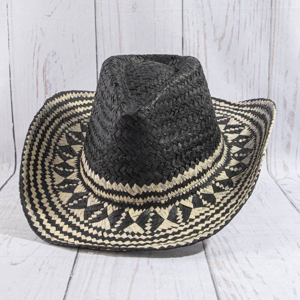 Aztec Patterned Brim Two Tone Straw Cowboy Hat: BR