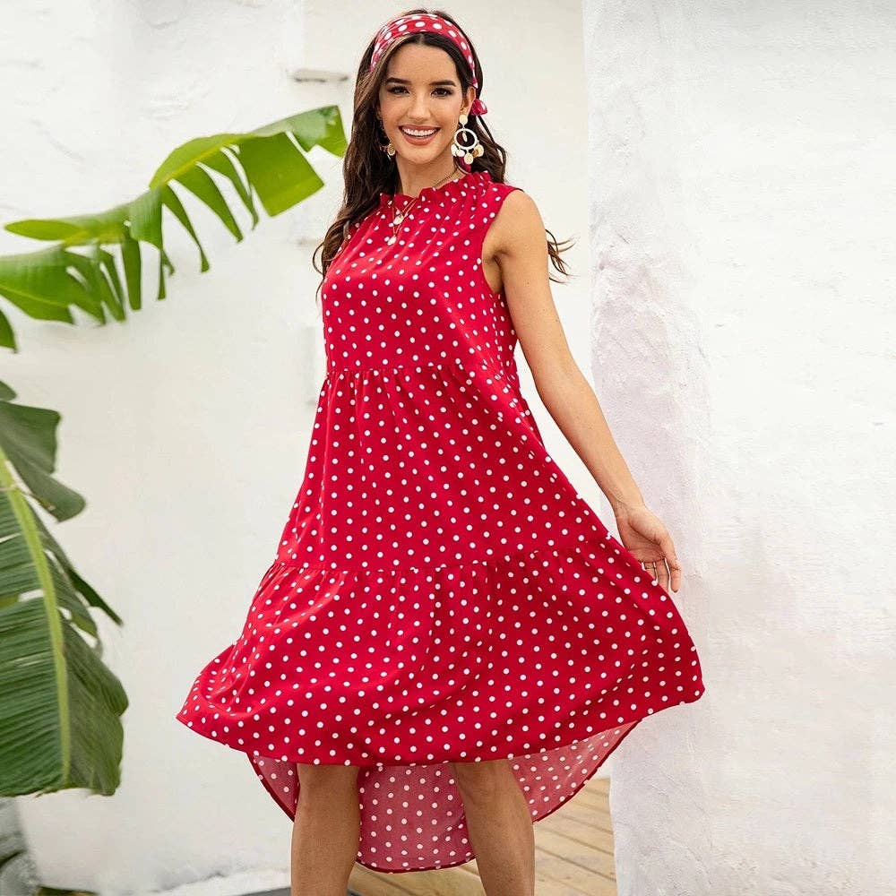 POLKA DOT RUFFLE HEM MIDI DRESS: Blue / S