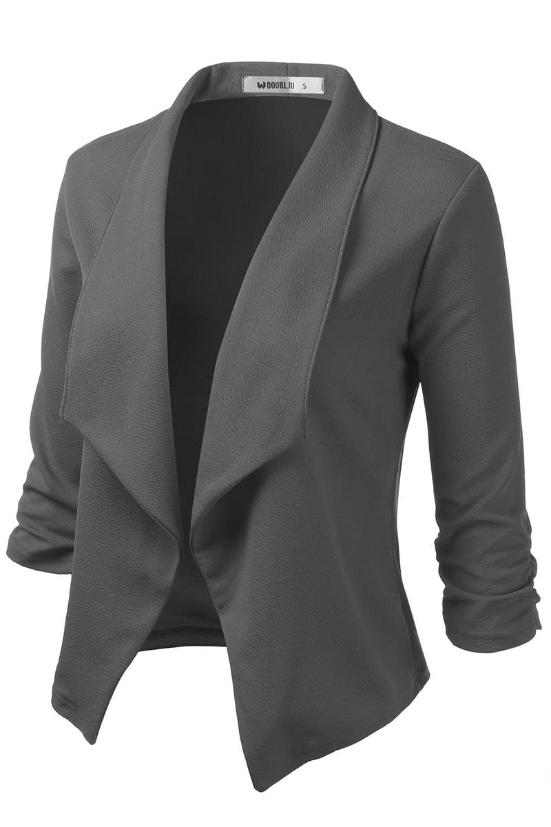 CWOBL091_Casual Work Ruched 3/4 Slv Open Front Blazer Jacket: STONE / (XL) 1