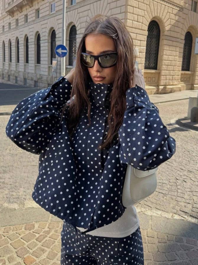 Polka Dot Woven Jacket Trendy Zip Up Stand Collar: White / 100%Polyester / S