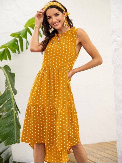 POLKA DOT RUFFLE HEM MIDI DRESS: Blue / S
