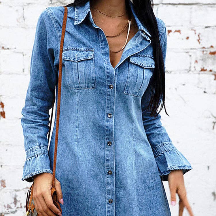 Vintage Denim Shirt Dress Long Sleeve Slim Fit Women: Blue / 90% Cotton+10% Polyester / M