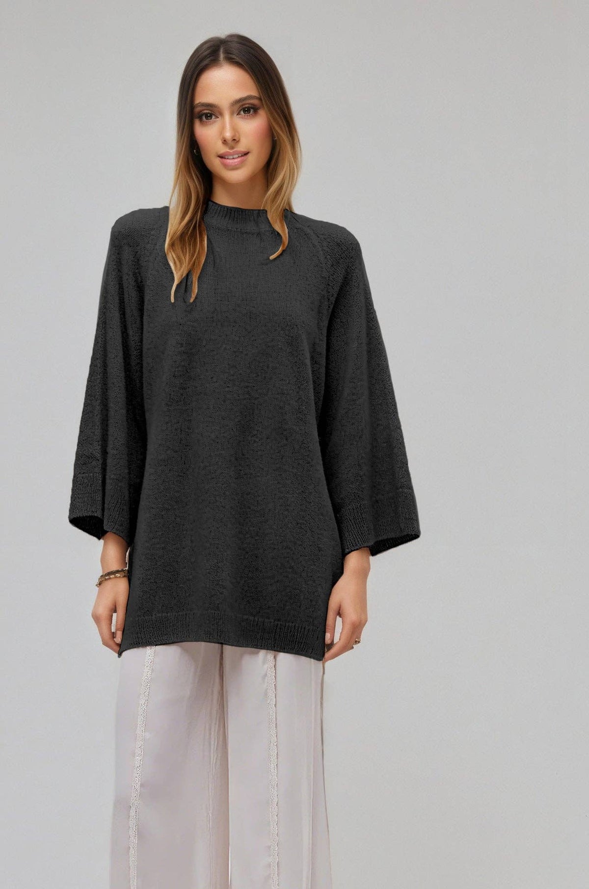 Oversized Crew Neck Knit Sweater Casual Loose Pullover Top: Black / 100%Polyester / S