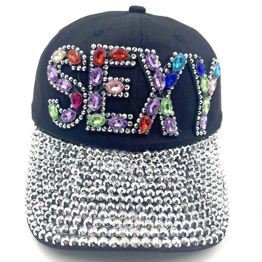 Bold SEXY Rhinestone Cap Hat: Black-Silver