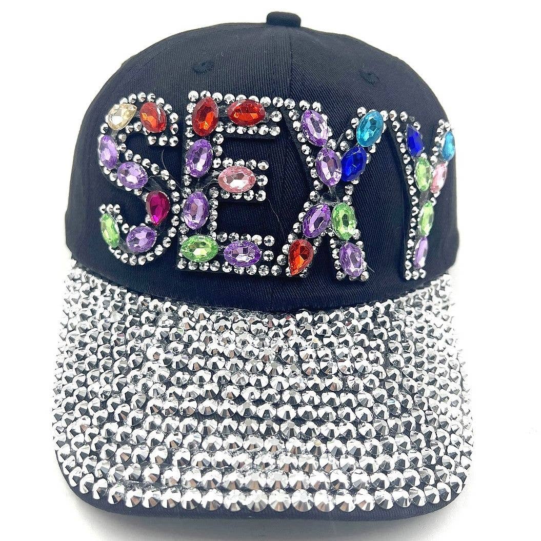 Bold SEXY Rhinestone Cap Hat: Black-Silver