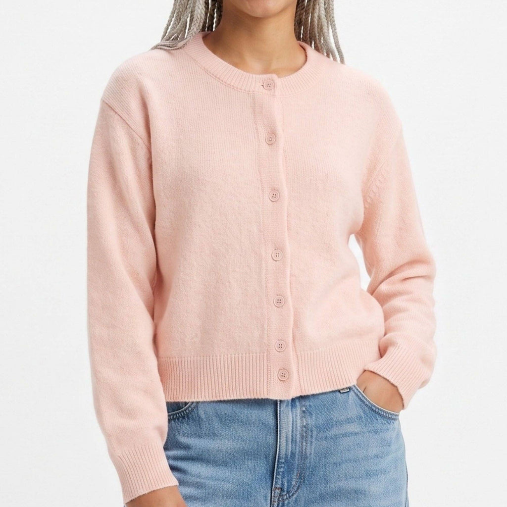 Crewneck Button-Front Knit Cardigan Sweater: Red / Small