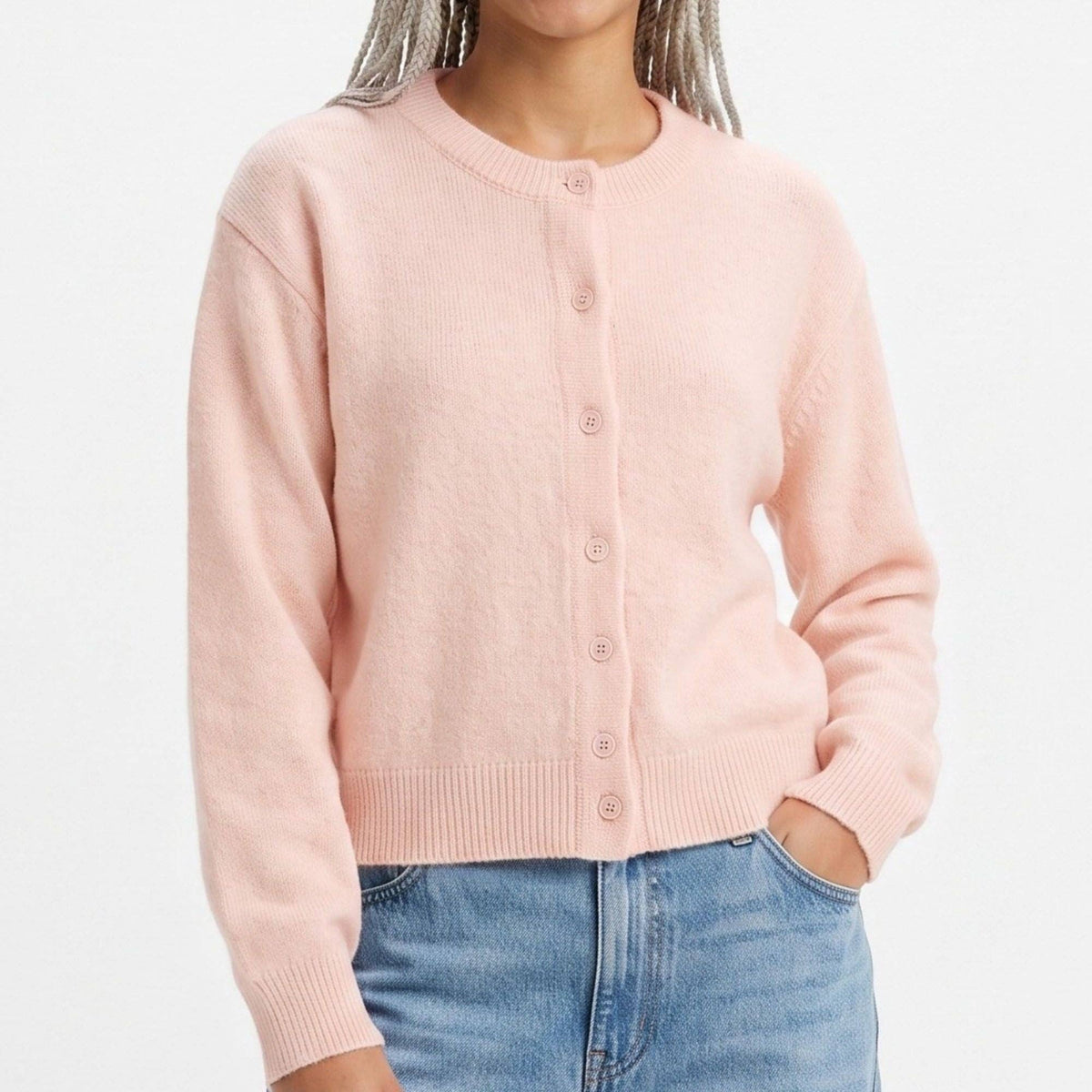 Crewneck Button-Front Knit Cardigan Sweater: Red / Small