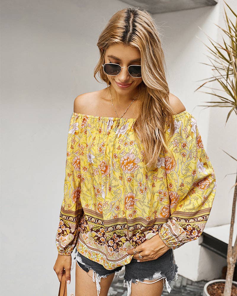 FLORAL LONG SLEEVE BLOUSE: Navy / XL