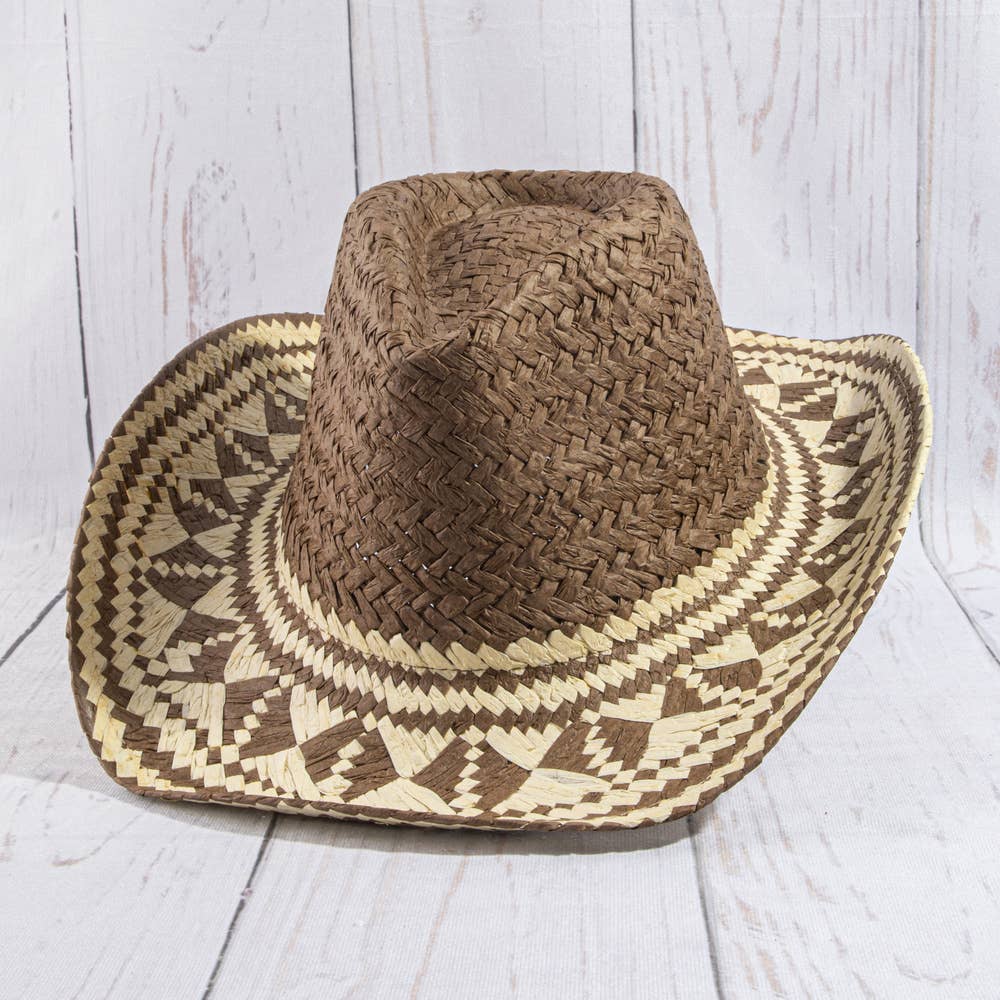 Aztec Patterned Brim Two Tone Straw Cowboy Hat: BR