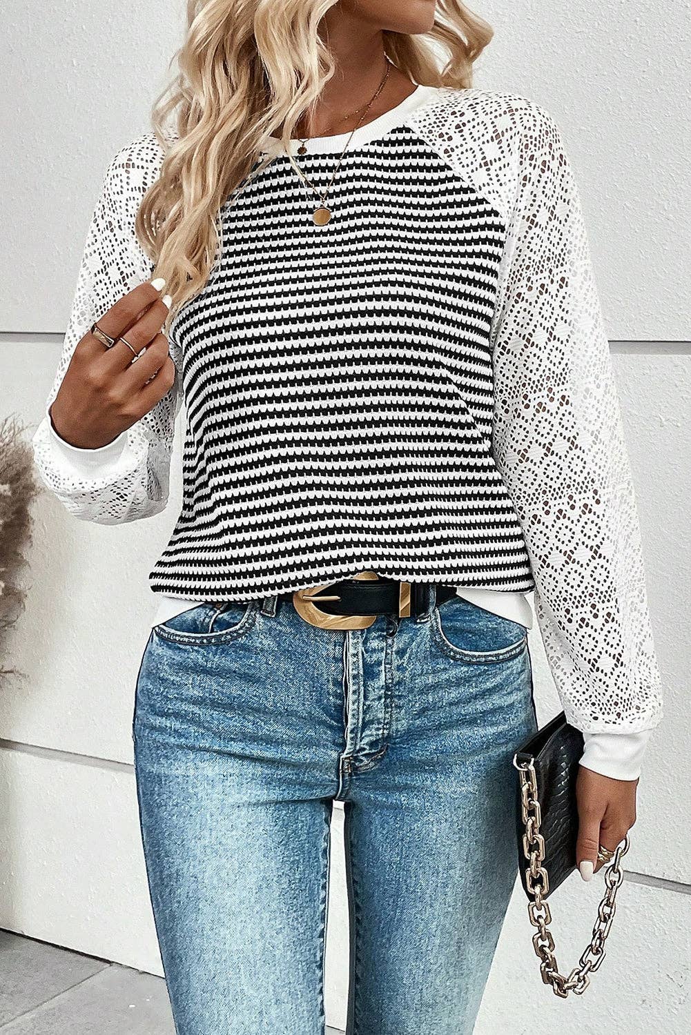 Black Stripe Textured Knit Contrast Hollowed Lace Patchwork Long Sleeve Top: Black Stripe / 97%Polyester+3%Elastane / S