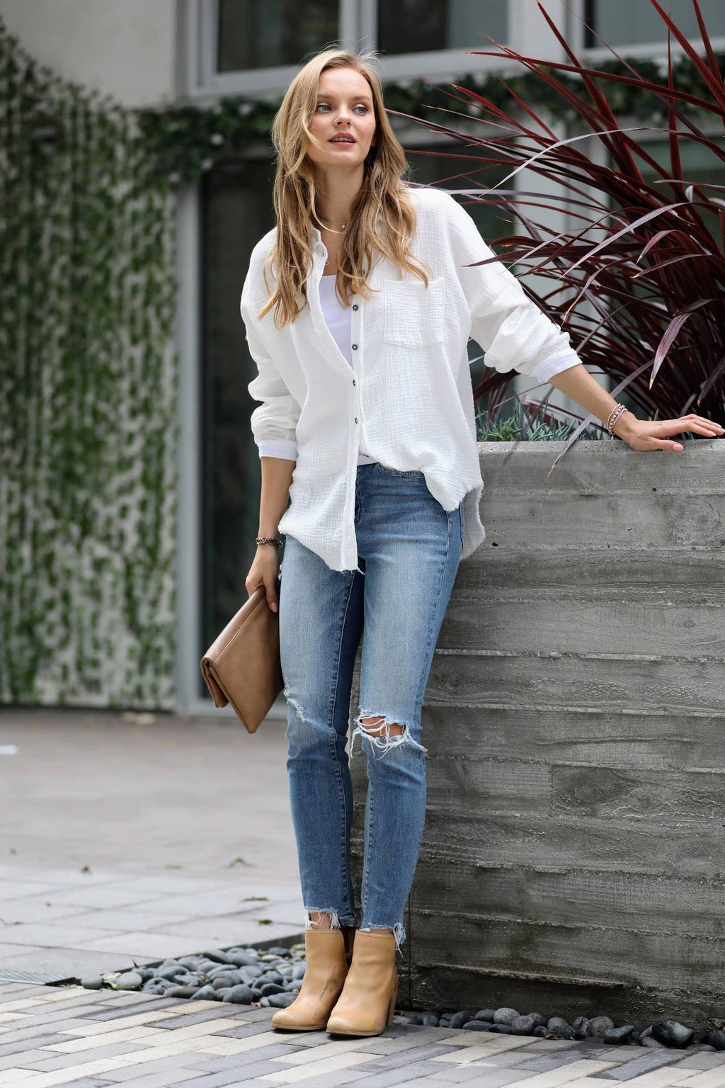 `Oversized Raw Edge Shirt W/ Back Patch Zenana: IVORY-147600 / L