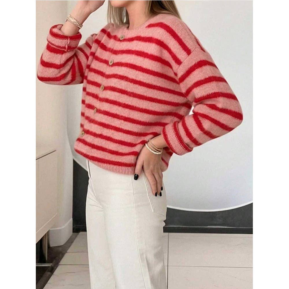 Striped Button Front Oversized Knit Cardigan: Red / 65%Polyester+30%Viscose   +5%Elastane / S
