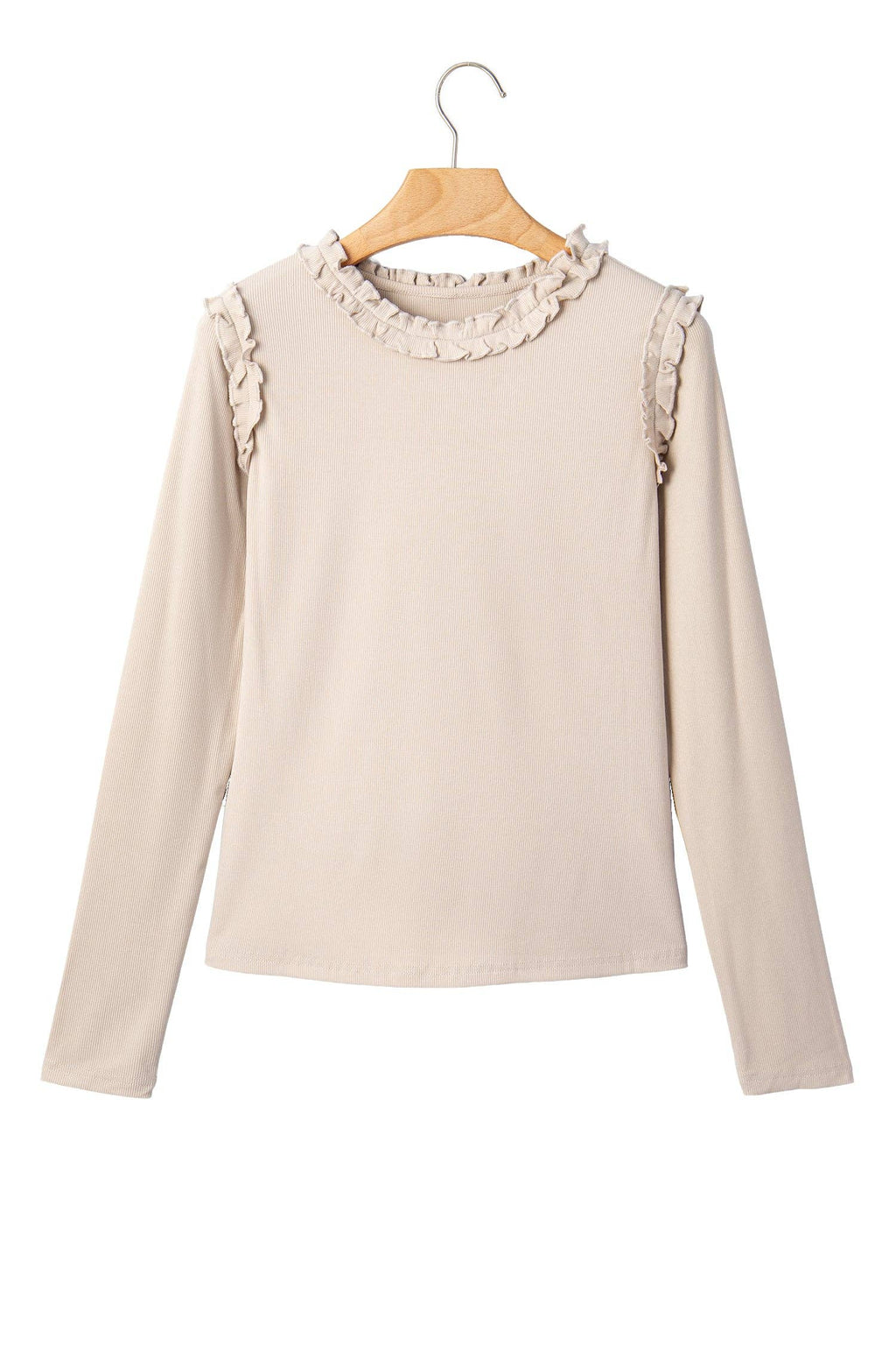 Beige Solid Color Round Neck Frill Detail Long Sleeve Top: Beige / XL