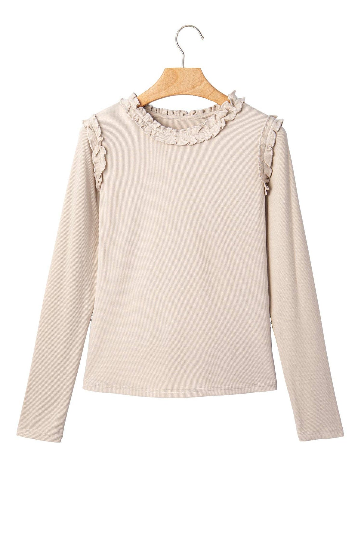 Beige Solid Color Round Neck Frill Detail Long Sleeve Top: Beige / XL