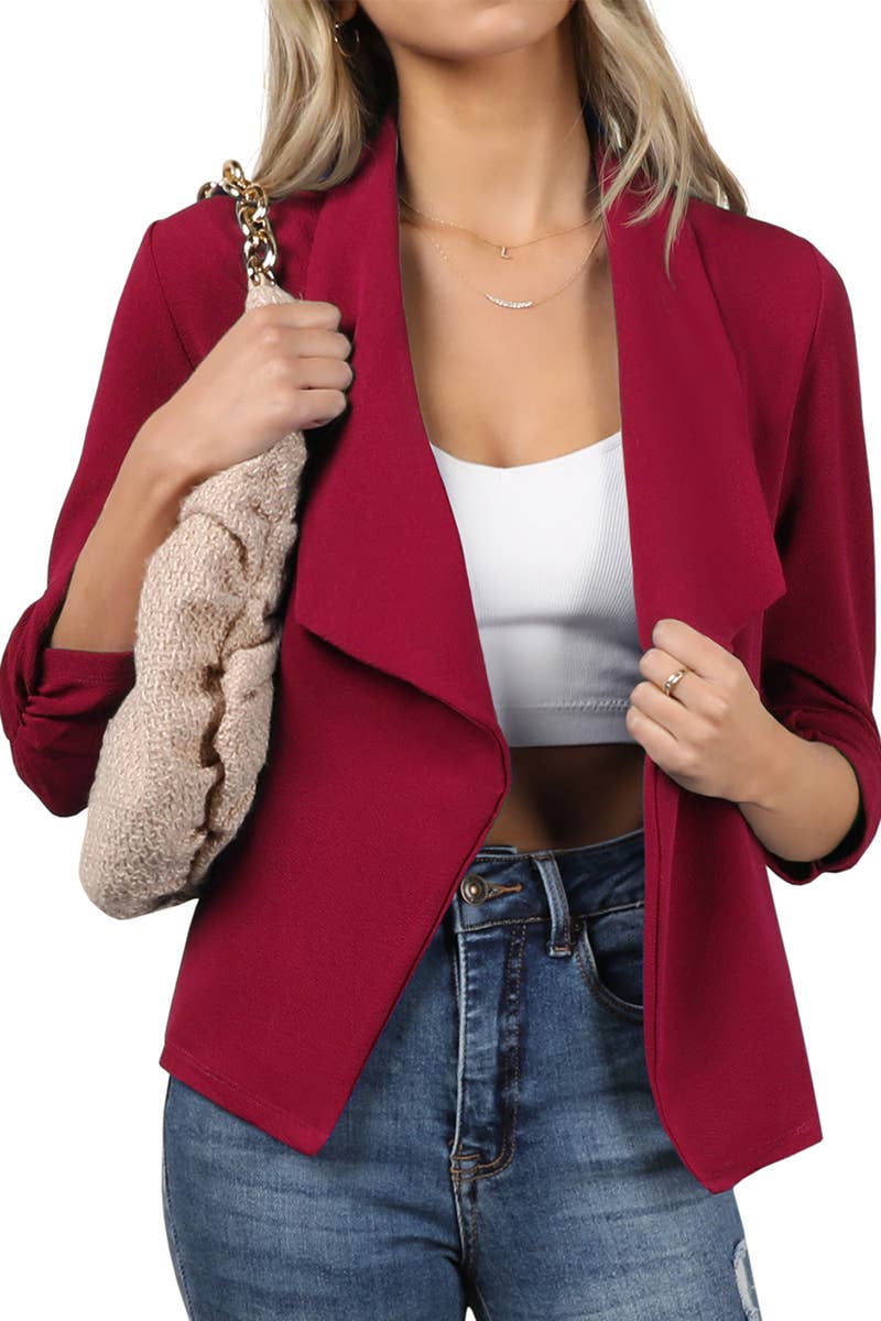 CWOBL091_Casual Work Ruched 3/4 Slv Open Front Blazer Jacket: MOCHA / (L) 1