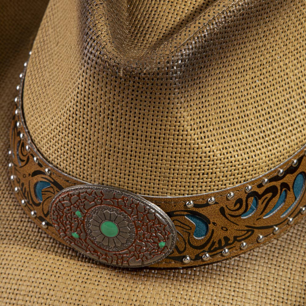 Studded Tooled Band Western Cowboy Hat: BK