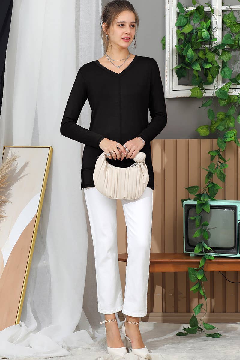 CWTTL1473_Casual V-Neck Loose Fit Long Sleeve Tops: White / (L) 1