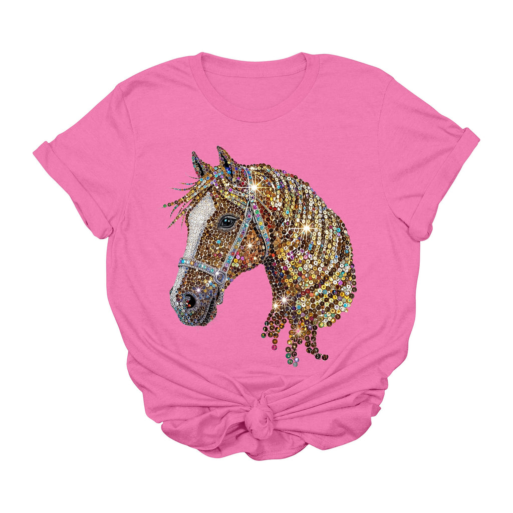 Sequin Diamond Horse Graphic Tee | Glam Western Cowgirl Bling T-Shirt: Natural / M