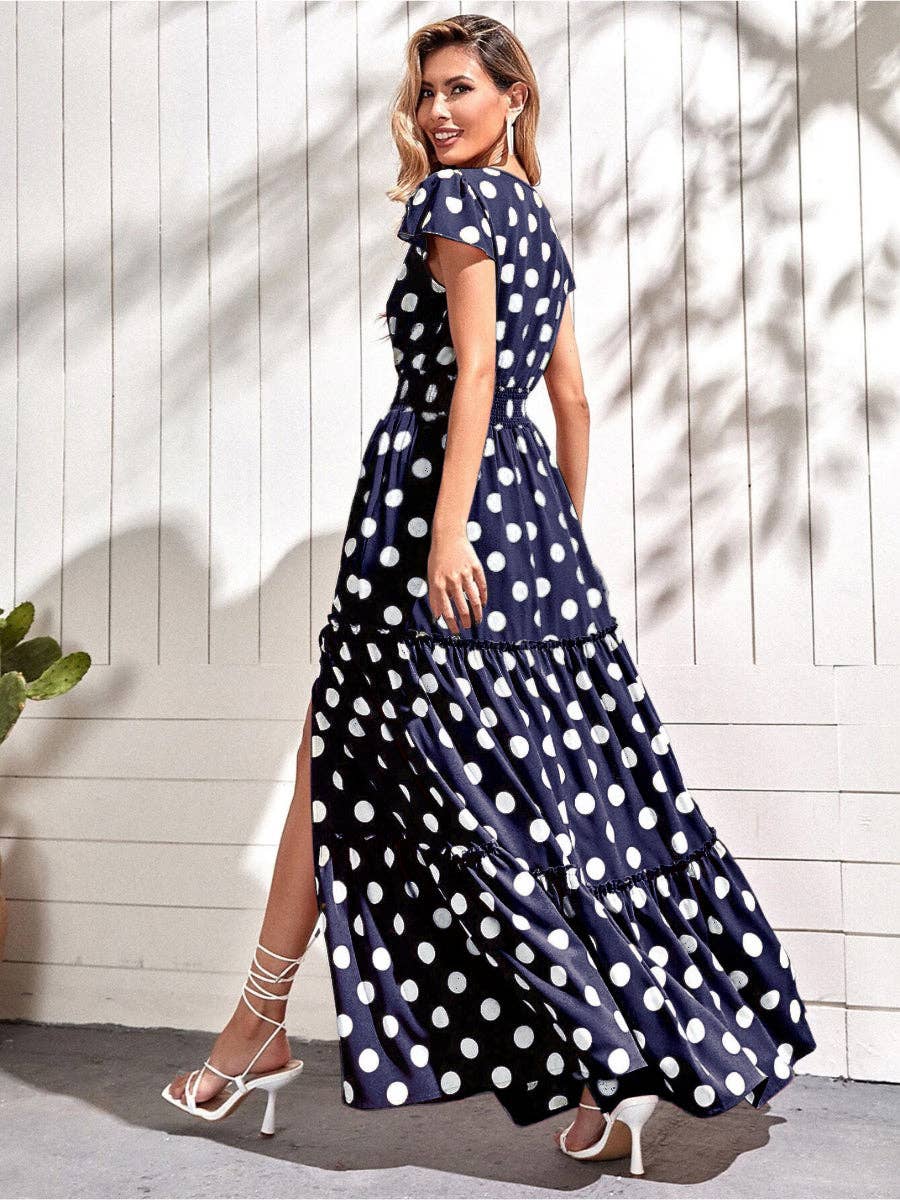 Annabelle Polka Dot  Split Maxi Dress: Light Blue / Medium