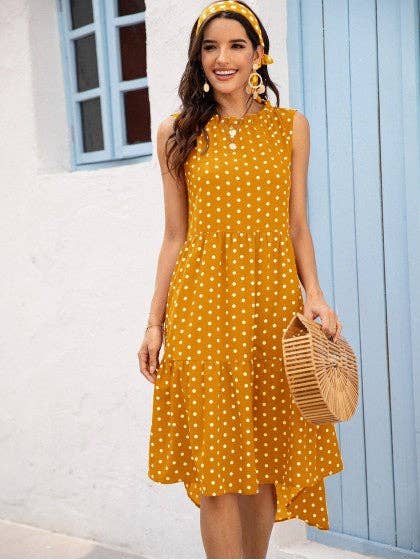 POLKA DOT RUFFLE HEM MIDI DRESS: Blue / S