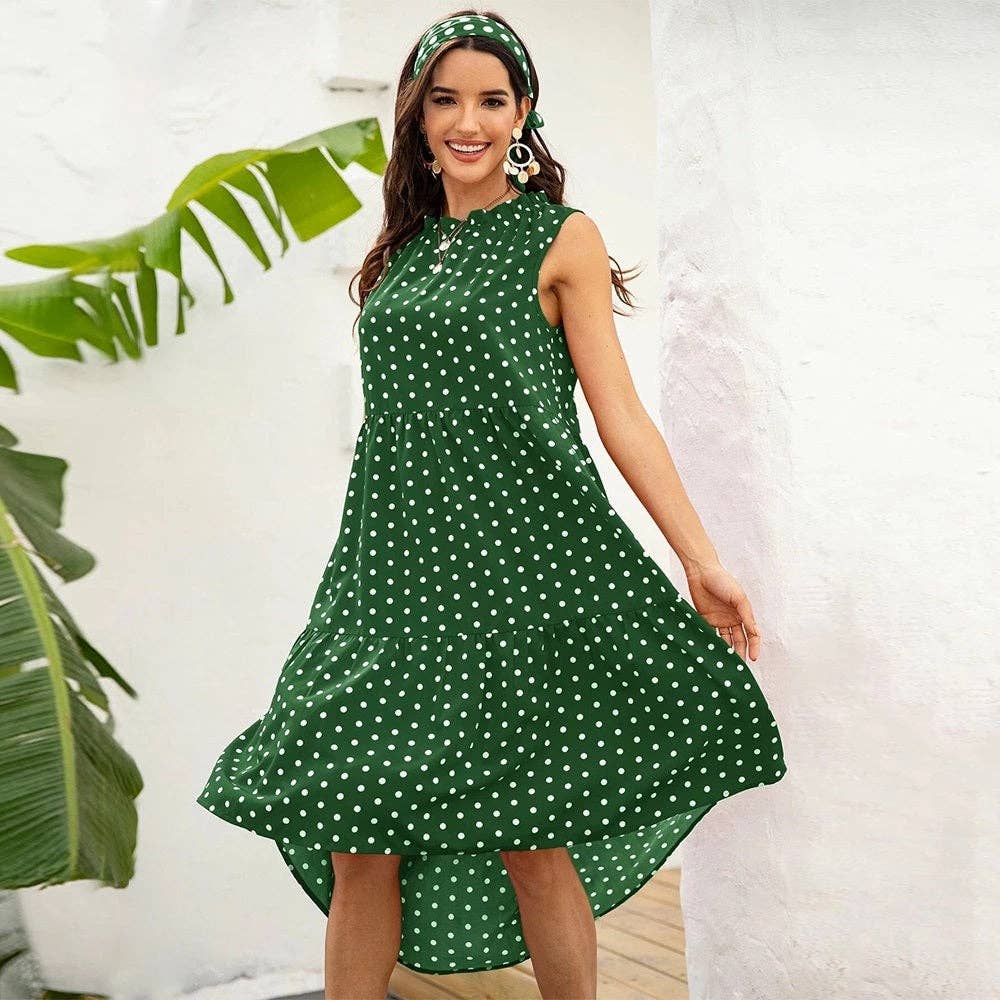 POLKA DOT RUFFLE HEM MIDI DRESS: Blue / S