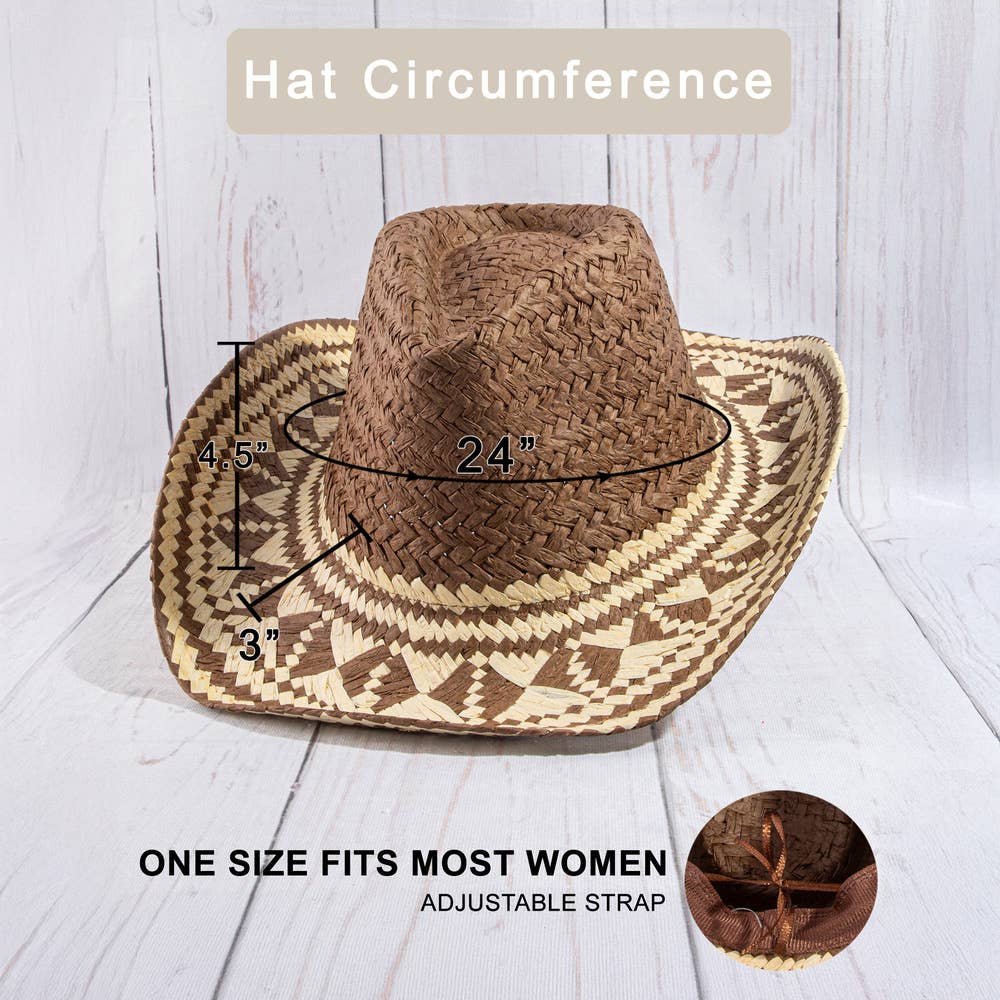 Aztec Patterned Brim Two Tone Straw Cowboy Hat: BR