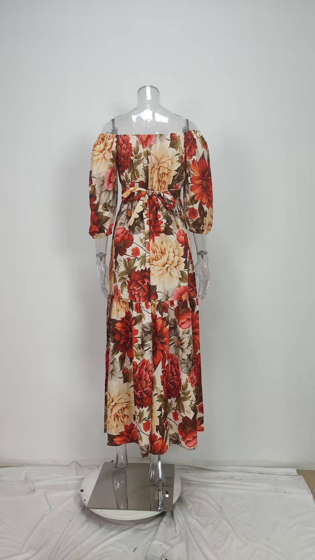 Elegant print V-neck long dress with wide skirt: Red / M