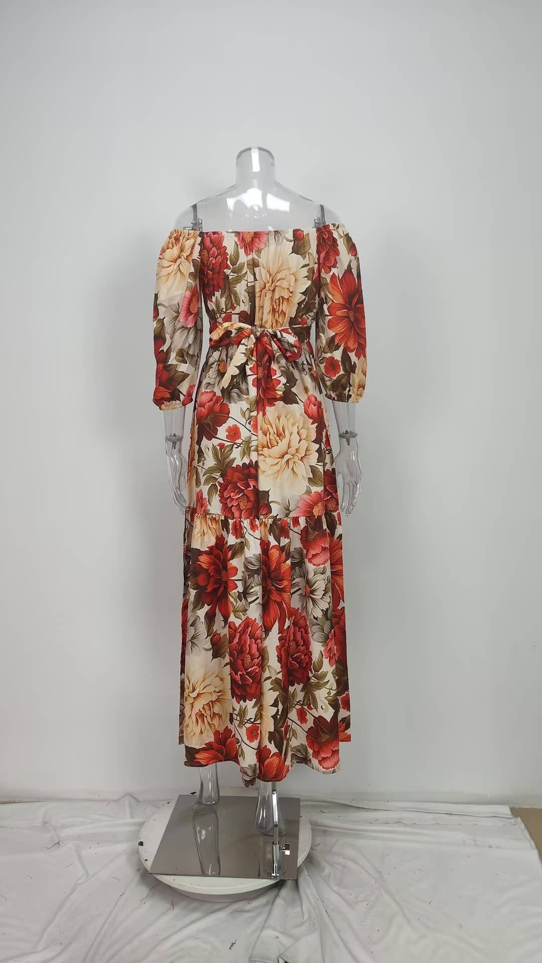 Elegant print V-neck long dress with wide skirt: Red / XL