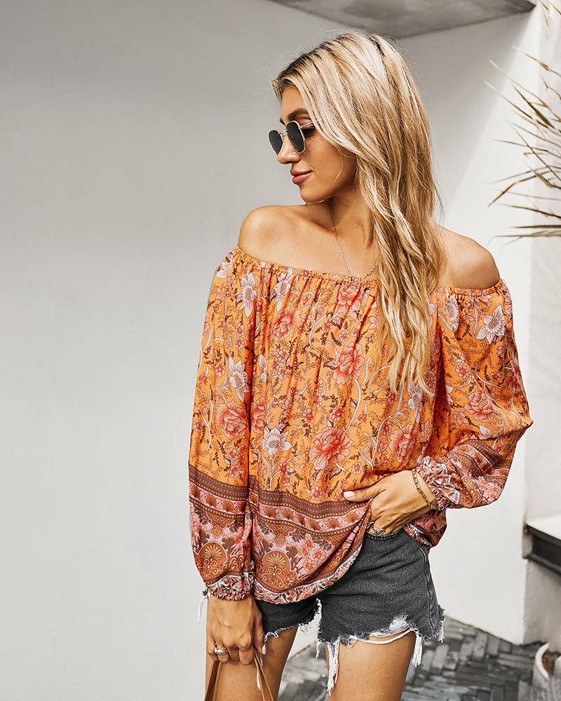 FLORAL LONG SLEEVE BLOUSE: Navy / XL