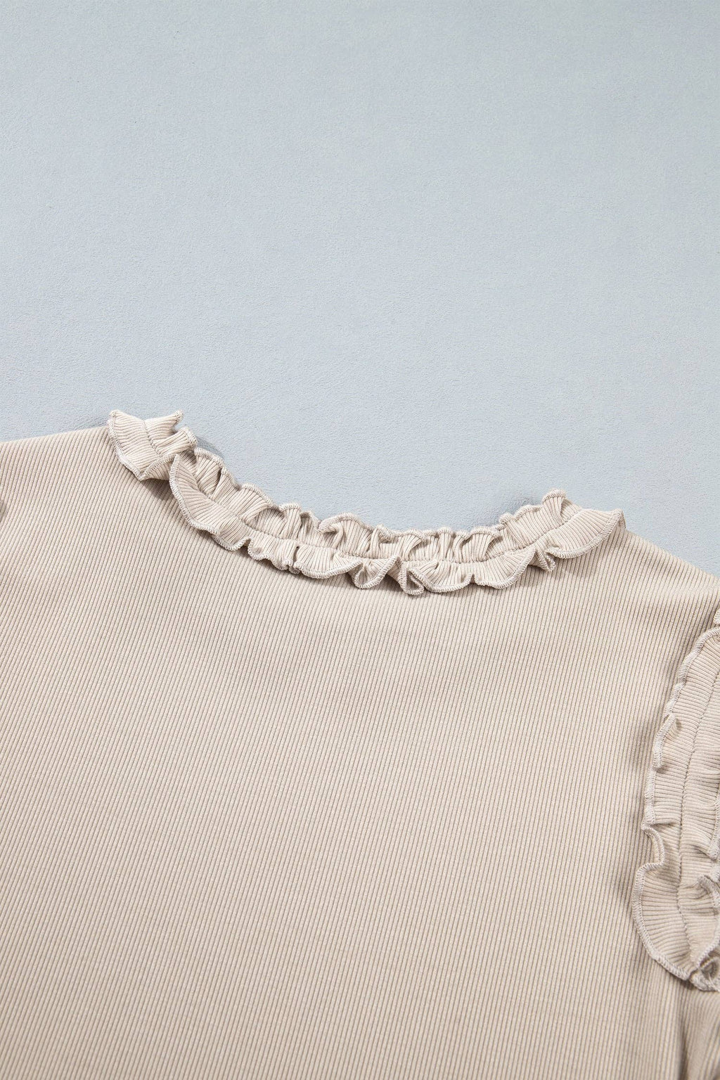 Beige Solid Color Round Neck Frill Detail Long Sleeve Top: Beige / XL