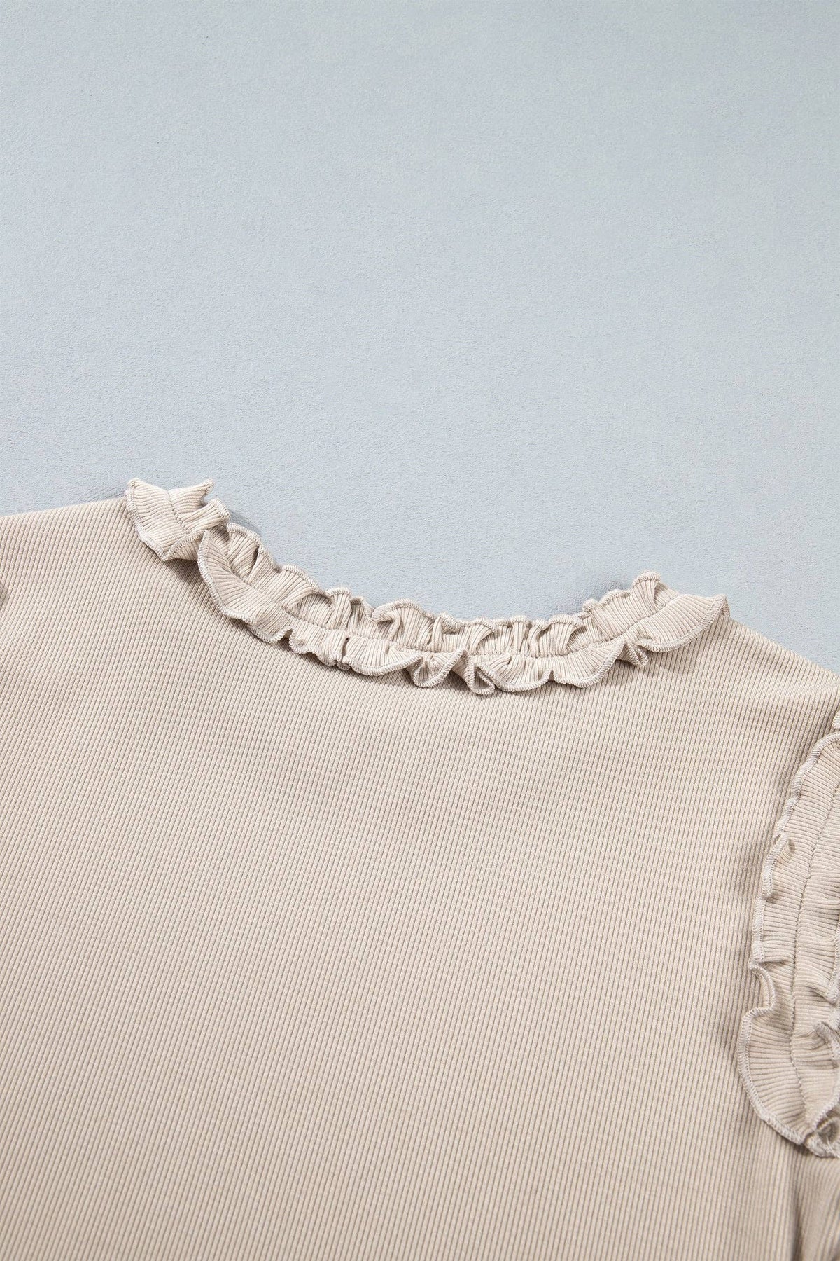 Beige Solid Color Round Neck Frill Detail Long Sleeve Top: Beige / XL