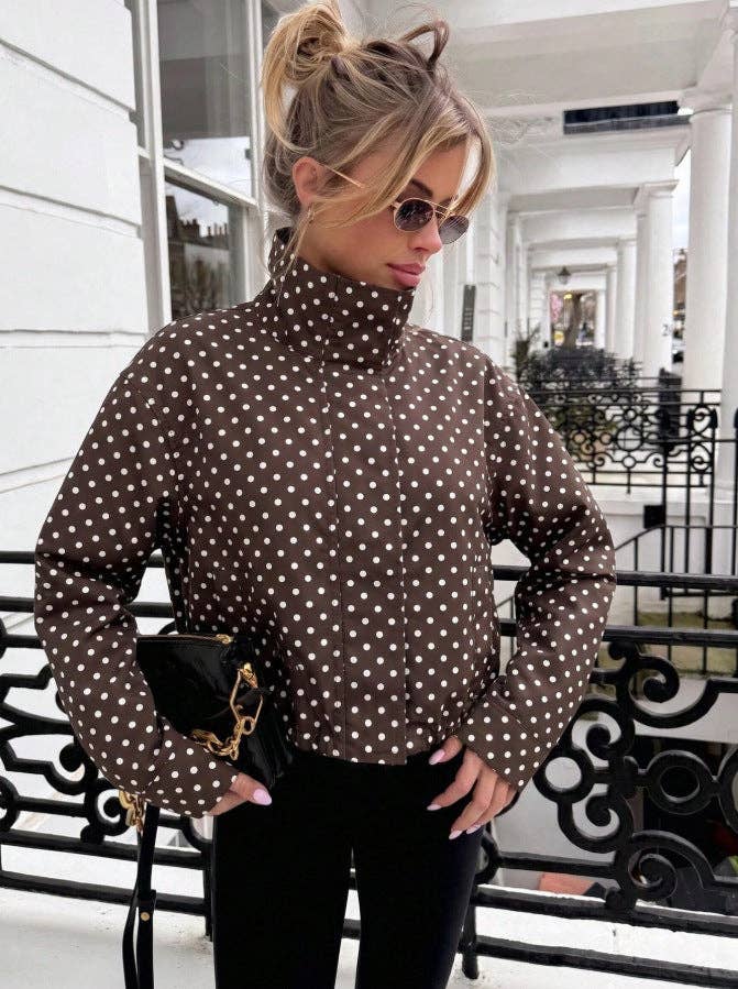 Polka Dot Woven Jacket Trendy Zip Up Stand Collar: White / 100%Polyester / S
