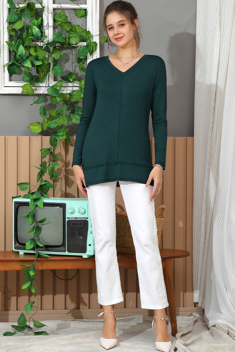 CWTTL1473_Casual V-Neck Loose Fit Long Sleeve Tops: White / (L) 1
