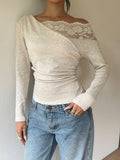 Lace Trim Off Shoulder Long Sleeve Slim Fit Women Blouse: Beige / XL