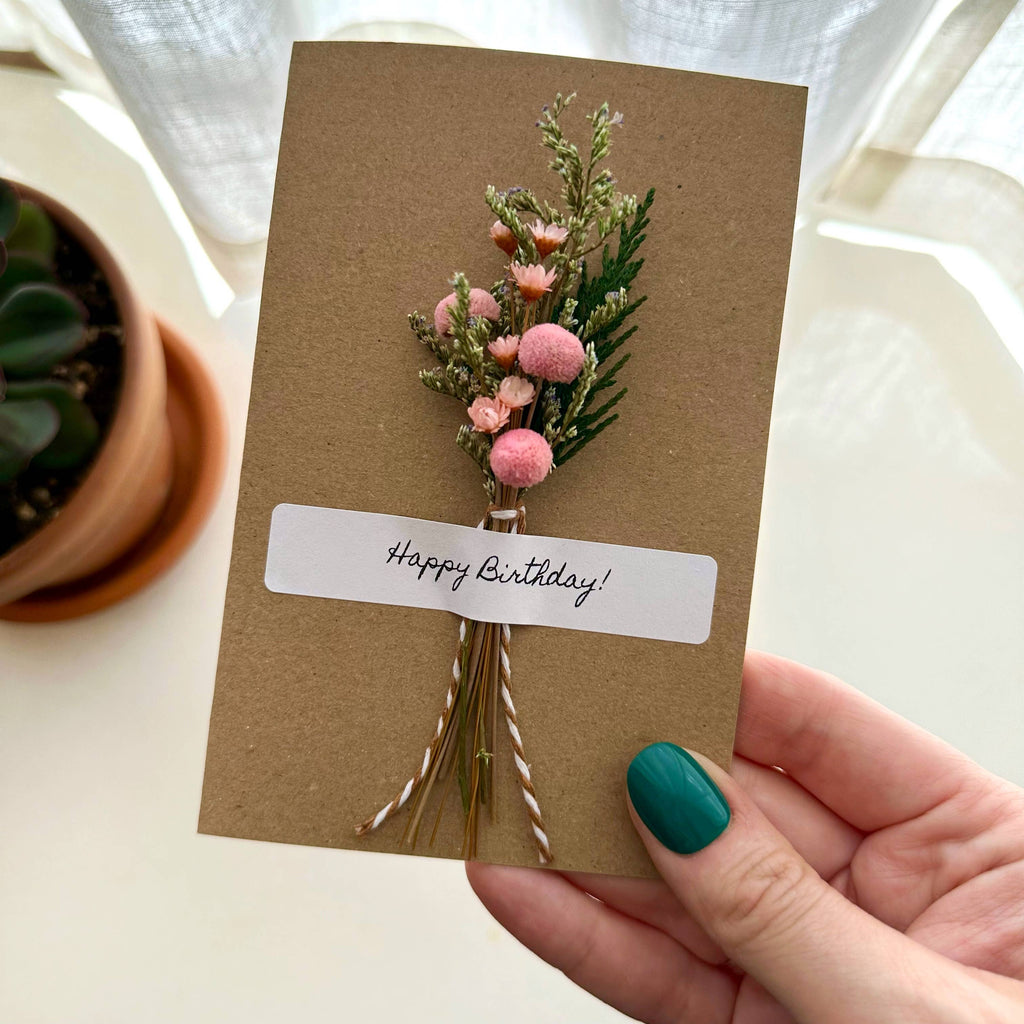 Happy Birthday Pink Dried Floral Bouquet Card