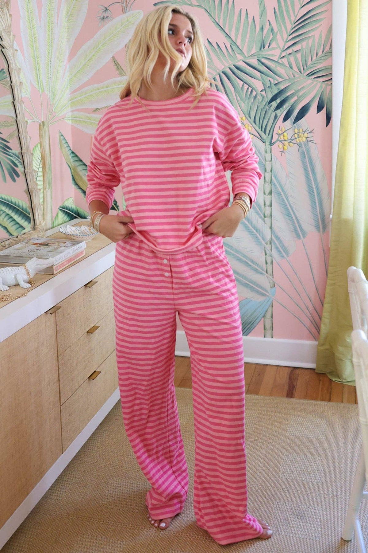 Pink Stripe Drop Shoulder Round Neck Top and Buttoned Straight Pants Two Piece Set: Rose Stripe / 95%Cotton+5%Elastane / S