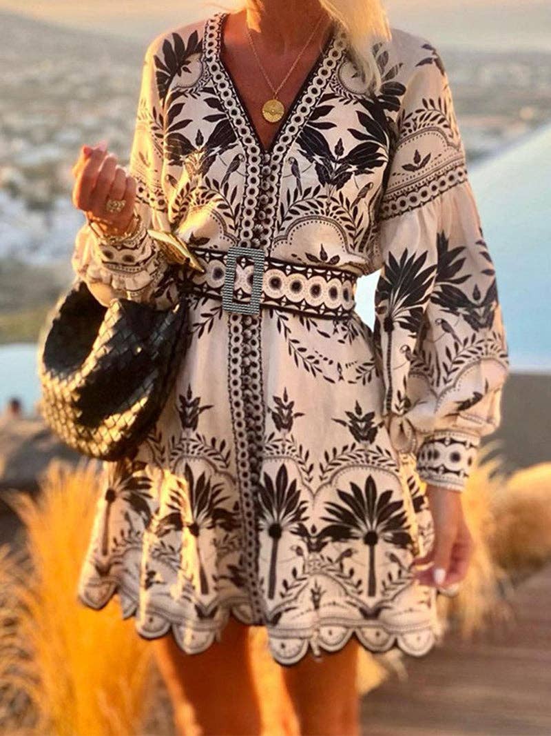Graphic Long-Sleeve Mini Dress: MULTI / L