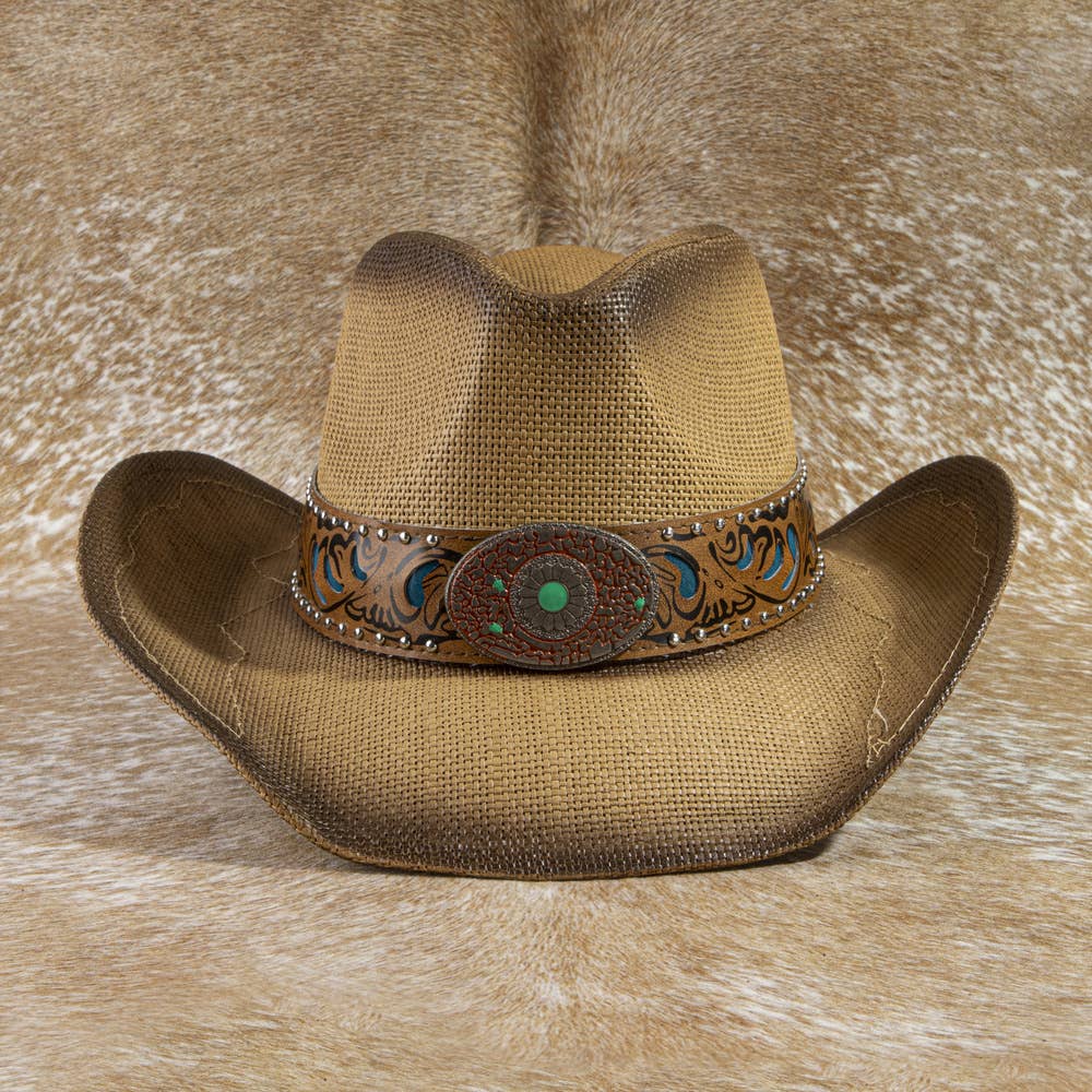 Studded Tooled Band Western Cowboy Hat: BK