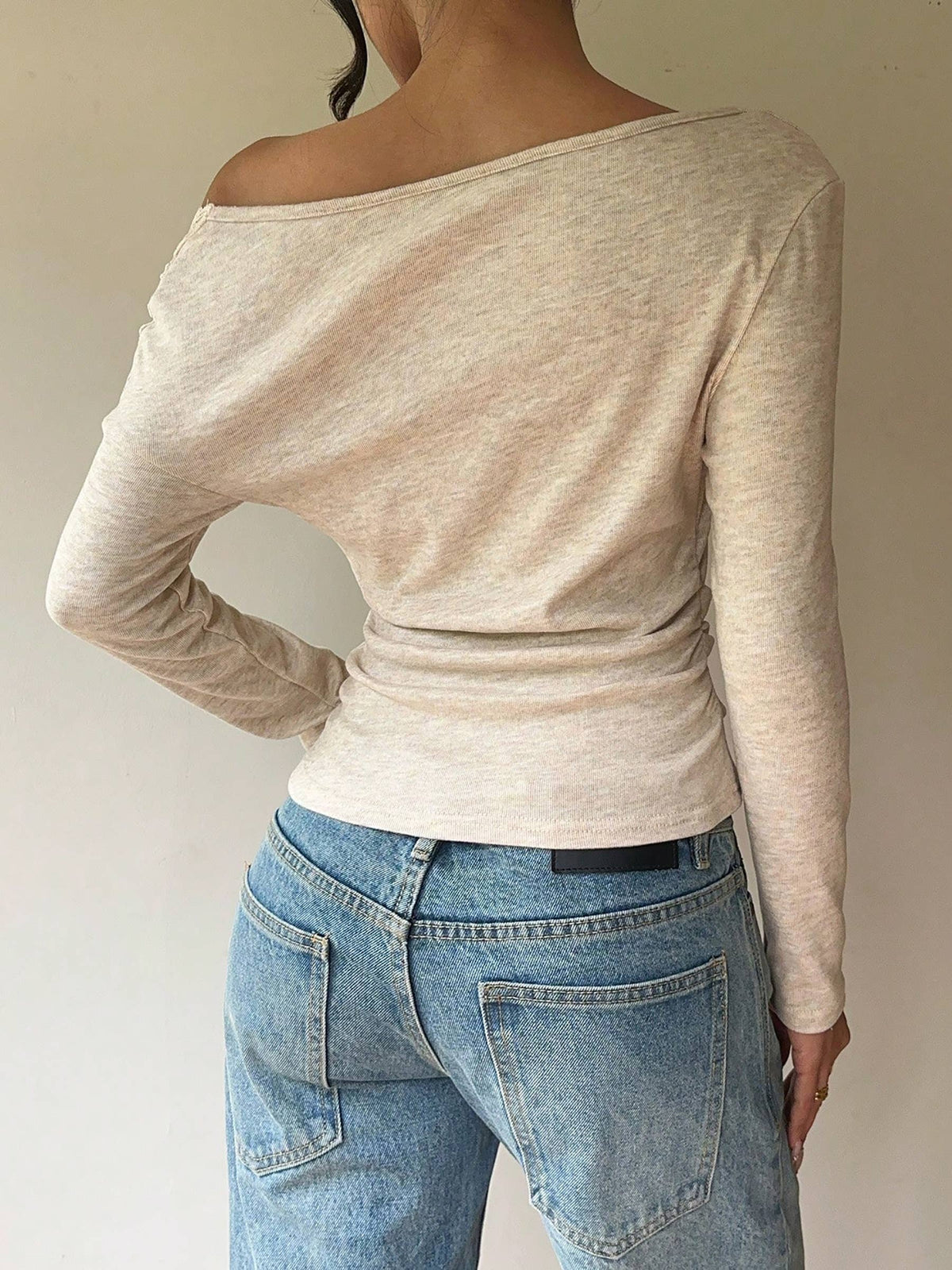Lace Trim Off Shoulder Long Sleeve Slim Fit Women Blouse: Beige / L