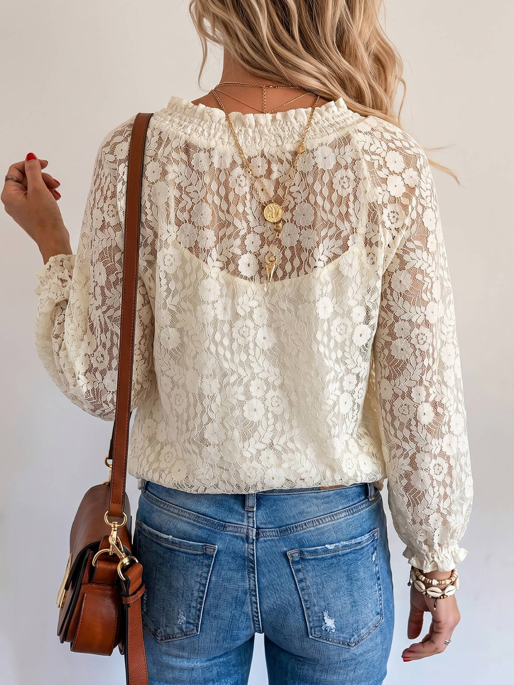 V‑Neck Lace Blouse, Loose Long Sleeve Bohemian Lace Top: Pink / S