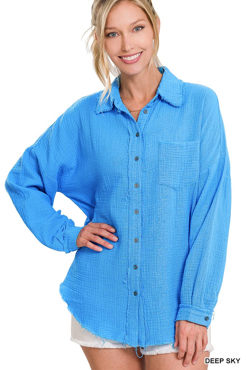`Oversized Raw Edge Shirt W/ Back Patch Zenana: IVORY-147600 / XL