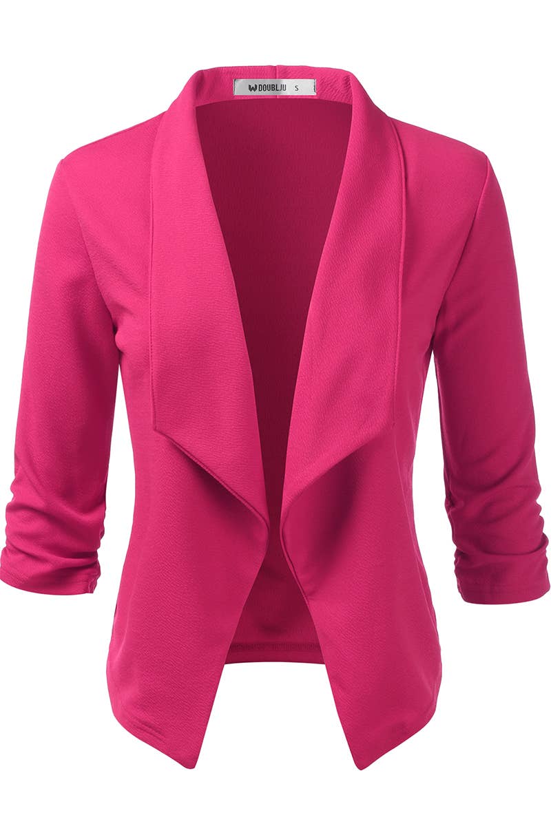 CWOBL091_Casual Work Ruched 3/4 Slv Open Front Blazer Jacket: STONE / (S) 1