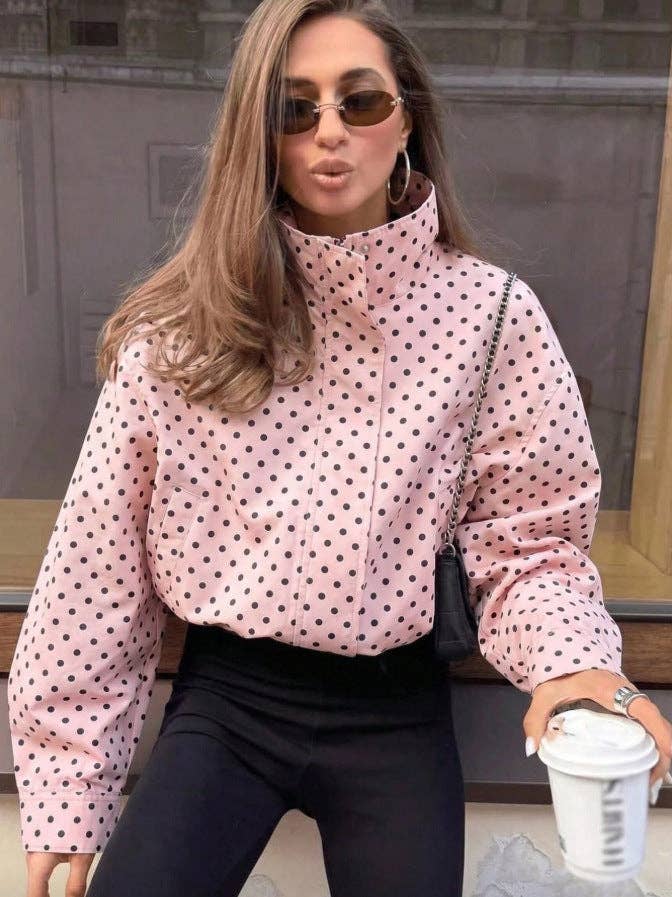 Polka Dot Woven Jacket Trendy Zip Up Stand Collar: White / 100%Polyester / S
