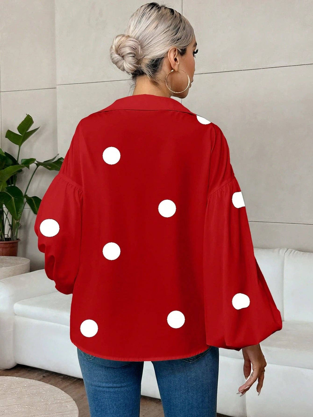 French Polka Dot Half-Open Collar Puff Sleeve Top: Black / 100% Polyester / S